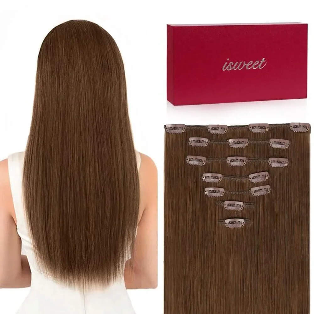 Real Human Hair Extensions Clip In 14 In Medium Light Brown Natural Length